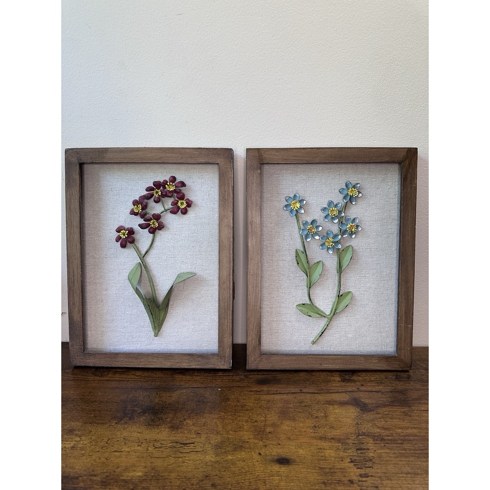 Set of 2 Metal Floral Shadow Box Wall Art Blue Burgundy Flowers Wood Frame